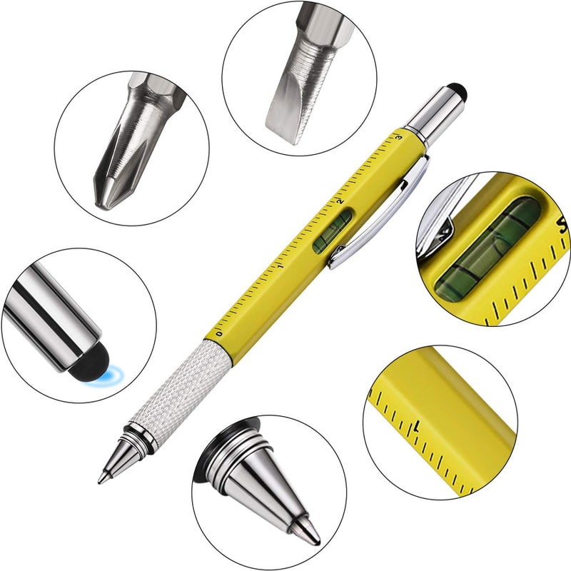 DUNBONG Metal Multi tool Pen 6-in-1 Stylus Pen - With Screwdriver, Ballpoint Pen Black ink, Stylus pen, Level and Ruler, 1-Count (Yellow) - Image 3